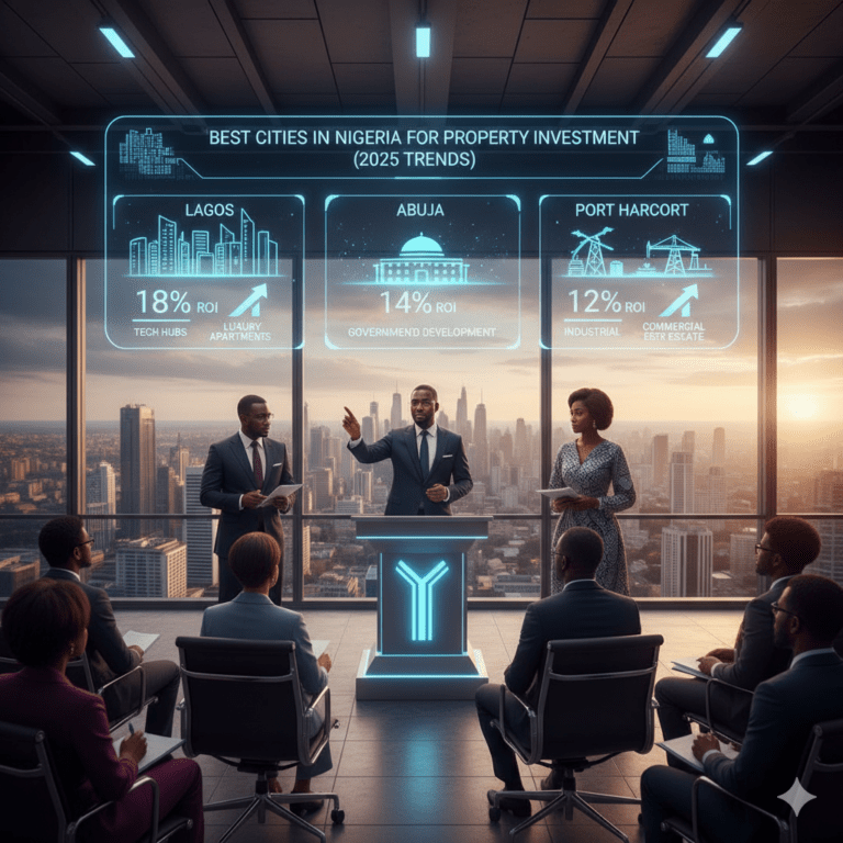 A panel of Nigerian real estate experts presents a holographic display titled "Best Cities in Nigeria for Property Investment (2025 Trends)," showcasing Lagos, Abuja, and Port Harcourt with their respective ROI percentages and investment highlights to an engaged audience in a modern high-rise office.