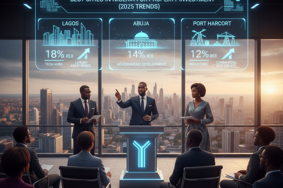 A panel of Nigerian real estate experts presents a holographic display titled "Best Cities in Nigeria for Property Investment (2025 Trends)," showcasing Lagos, Abuja, and Port Harcourt with their respective ROI percentages and investment highlights to an engaged audience in a modern high-rise office.