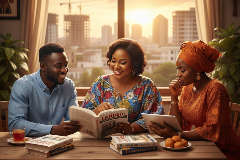 Three Nigerian investors, two women and one man, are gathered around a wooden table in a well-lit room with a city skyline at sunset in the background. They are engrossed in reading books and a digital tablet, specifically focused on real estate investment.