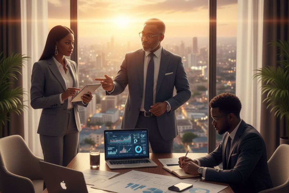 A successful, confident Nigerian real estate investor, a man dressed in sharp business attire, stands in a modern penthouse office with a vast, thriving city skyline visible through the window. He is gesturing confidently towards a detailed digital map overlayed with 'hotspot' investment zones and financial data, symbolizing insider secrets and strategic wins in the property market. The image conveys mastery and success in Nigerian real estate investment."