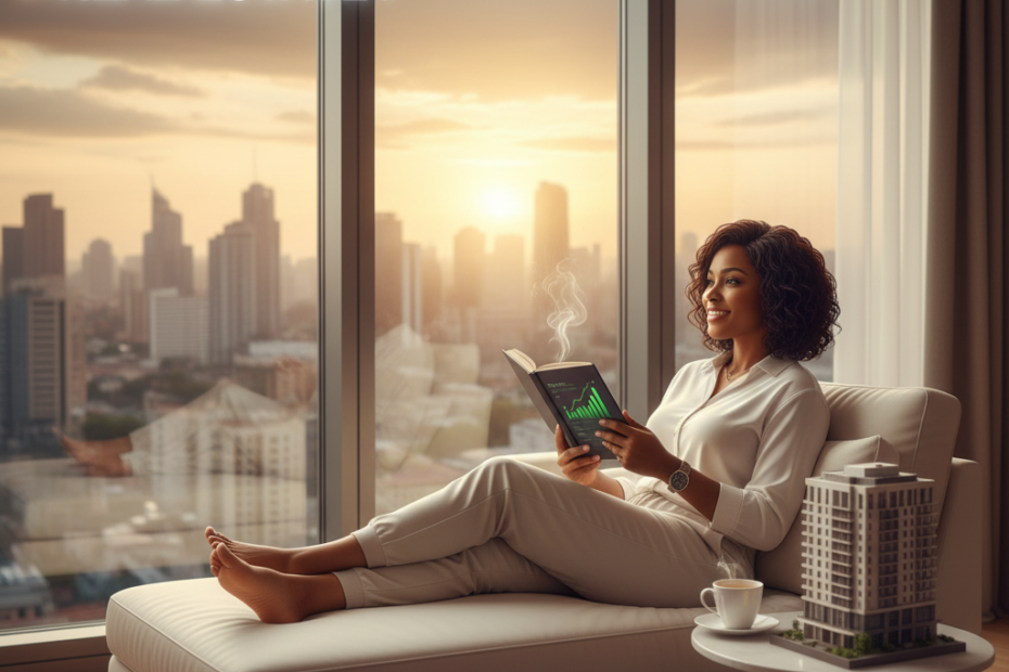 Relaxed Nigerian woman enjoys passive real estate income, reading a book by a window overlooking a city.