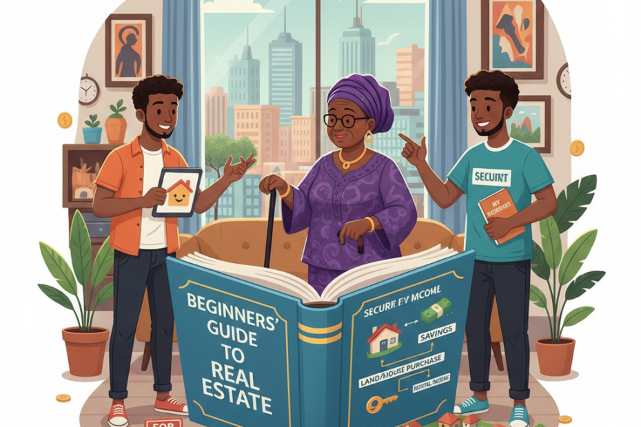 An illustration showing three Nigerians (two young men and an older woman in traditional attire) gathered around a large open book titled 'BEGINNER'S GUIDE TO REAL ESTATE.