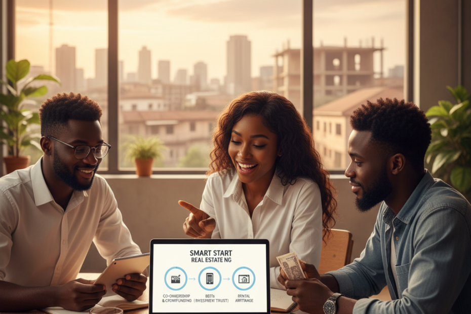 Here is the alt text for the image: "Alt text: A group of three Nigerian people, two women and one man, are gathered around a table studying investment documents and a tablet. They are smiling and engaged in a discussion about **low-entry real estate strategies**, like fractional ownership or co-investing, represented by the open book and tablet. The background features a modern, growing Nigerian city skyline at sunset, symbolizing future investment potential."