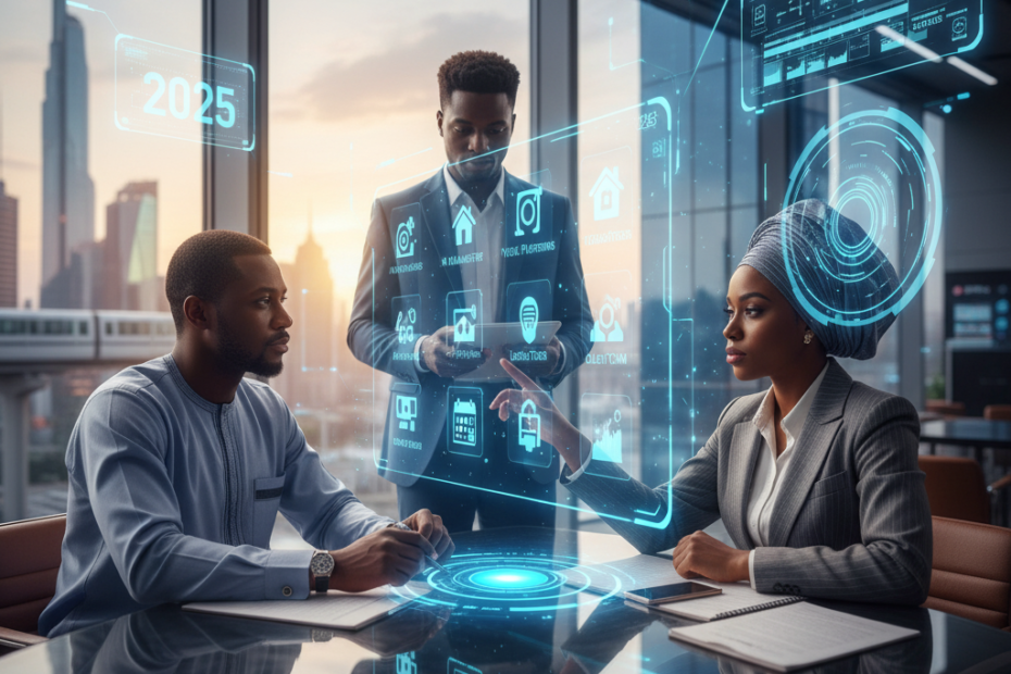 Three Nigerian real estate professionals are in a modern office with large windows overlooking a city. In the foreground, a man and a woman are seated at a table, engaged in a discussion. A second man stands behind them, presenting a holographic interface filled with various icons and data points related to real estate services and technology, with '2025' prominently displayed. The scene conveys a forward-thinking approach to selecting professional services in the real estate industry."