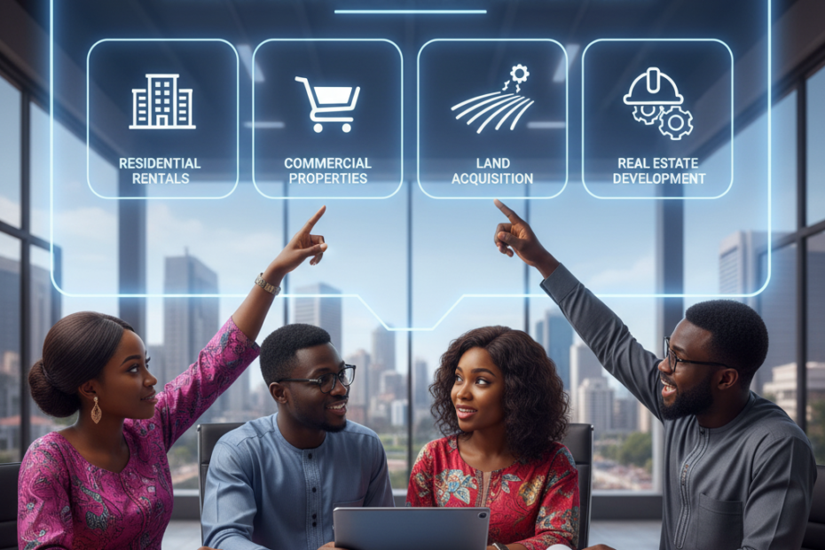 Nigerian investors discussing real estate types: residential, commercial, land, and development, with a city skyline backdrop.