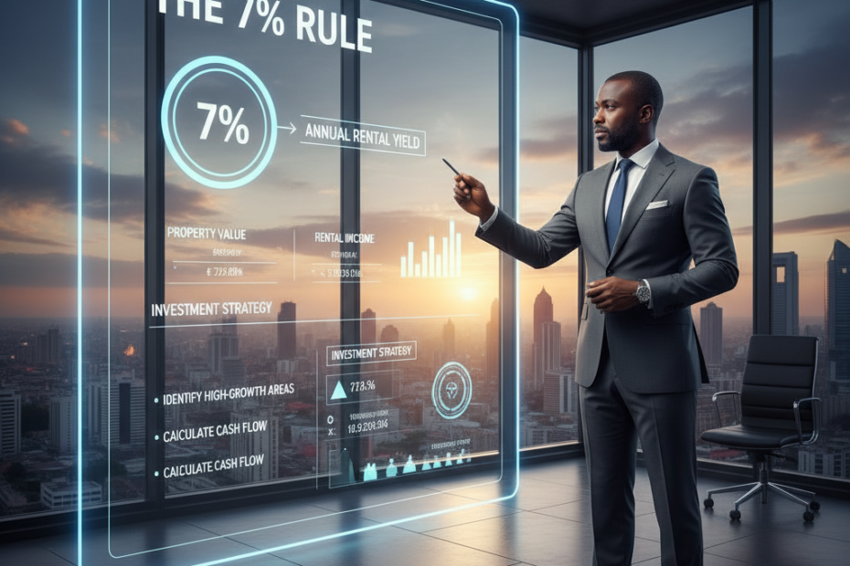 A confident and astute Nigerian real estate expert, dressed in a sharp business suit, stands in a sophisticated office with a panoramic view of a vibrant city at sunset. He is pointing to a large, transparent digital screen displaying an infographic that clearly explains 'THE 7% RULE' in real estate