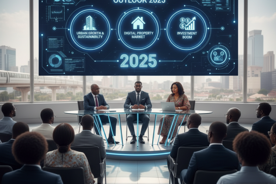 A panel of three Nigerian real estate experts, two men and one woman, are presenting on a stage to an audience in a modern conference room with large windows overlooking a city. Behind them, a large screen displays a digital infographic titled 'NIGERIA REAL ESTATE OUTLOOK 2025' with three key prediction points: 'URBAN GROWTH & SUSTAINABILITY,' 'DIGITAL PROPERTY MARKET,' and 'INVESTMENT BOOM.' The scene captures an expert discussion on the future of real estate in Nigeria."
