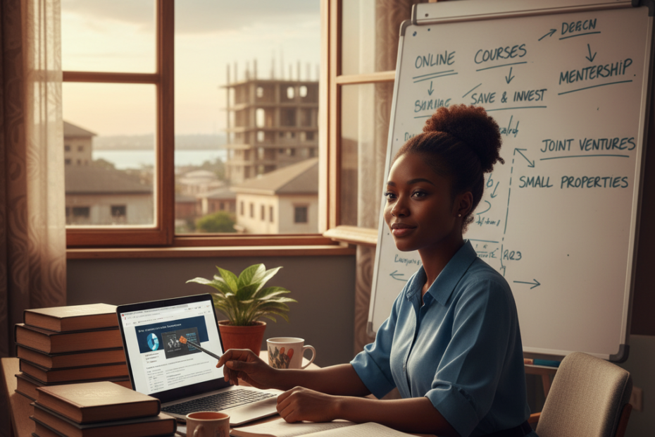 A smiling young Nigerian woman, looking professional and ready to learn, is sitting across a table from a friendly, older Nigerian mentor figure (a man). The man is pointing to a laptop screen displaying a simplified chart on real estate investment fundamentals, like 'Investment Types' and 'Risk Assessment.' A notepad and pen are nearby. The scene depicts a beginner receiving guidance and instruction on how to start real estate investment without experience in Nigeria."