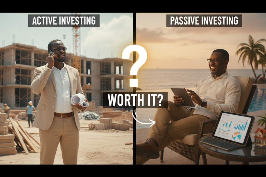 A successful, relaxed Nigerian woman is sitting on a modern balcony, calmly reading a book while enjoying a cup of tea. In the background, a digital tablet displays an investment portfolio showing a steady stream of passive income. The image captures the concept of passive real estate investing and the financial freedom it can provide, with the bustling Nigerian cityscape visible in the distance.