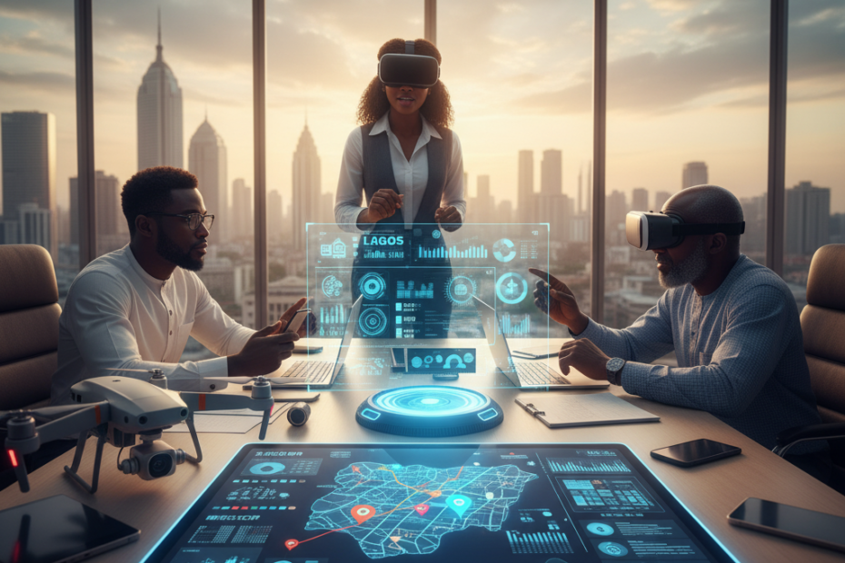 Nigerian real estate professionals use advanced tech like VR headsets, drones, and interactive digital maps to succeed in the market.