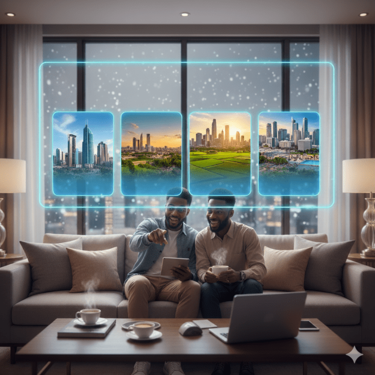 Two smiling Nigerian men sit on a sofa in a modern living room, looking at a large holographic display that shows four different vibrant Nigerian cityscapes, representing various real estate investment opportunities.