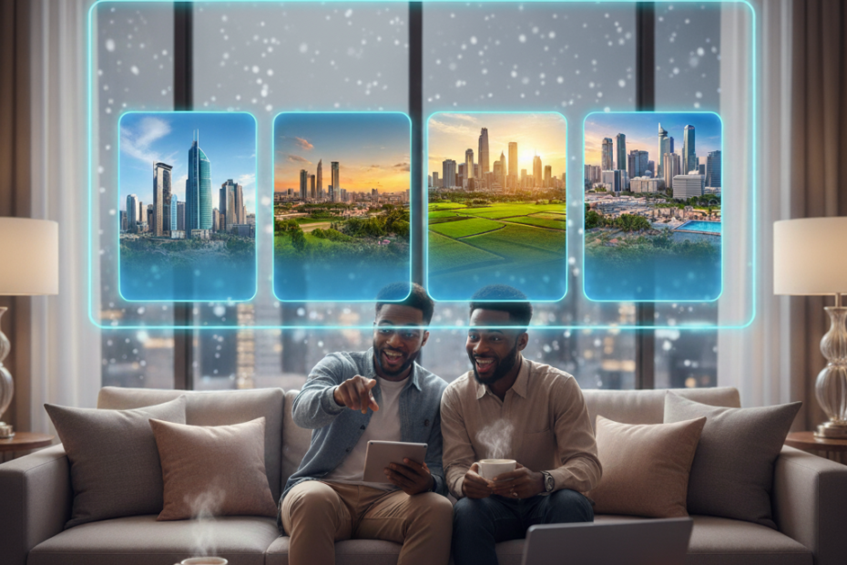Two smiling Nigerian men sit on a sofa in a modern living room, looking at a large holographic display that shows four different vibrant Nigerian cityscapes, representing various real estate investment opportunities.