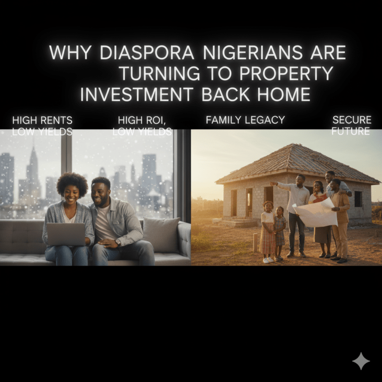 A split image illustrates reasons for diaspora Nigerians investing back home. On the left, a couple in a modern apartment looks at a laptop, representing high rents/low yields abroad. On the right, a family stands proudly in front of a new home under construction in Nigeria, symbolizing high ROI, family legacy, and a secure future.