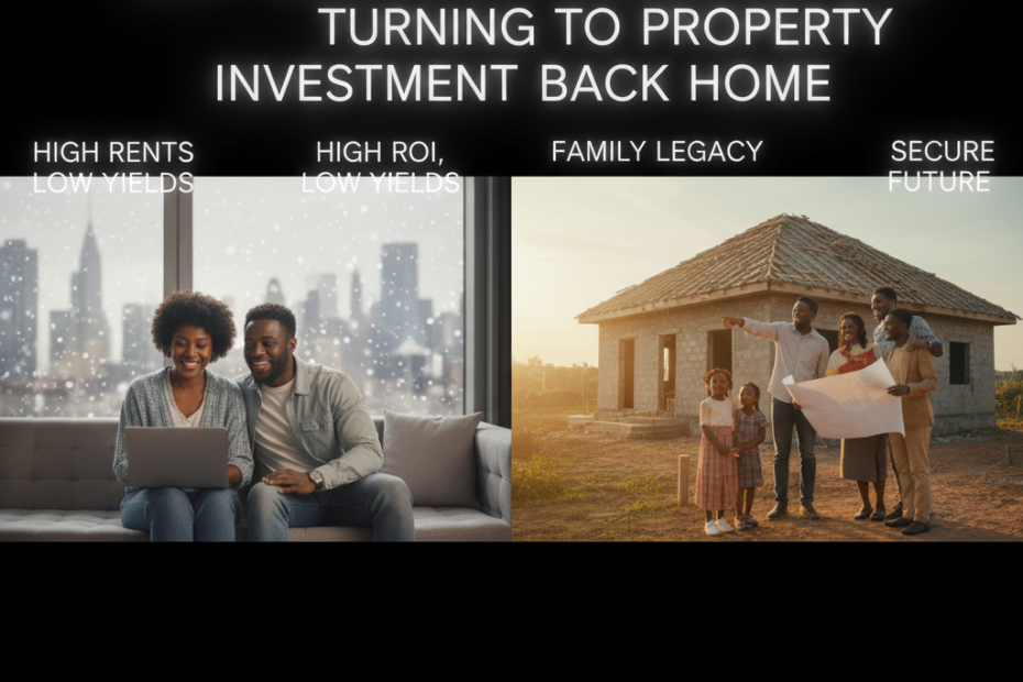 A split image illustrates reasons for diaspora Nigerians investing back home. On the left, a couple in a modern apartment looks at a laptop, representing high rents/low yields abroad. On the right, a family stands proudly in front of a new home under construction in Nigeria, symbolizing high ROI, family legacy, and a secure future.