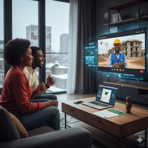 Nigerians in diaspora video-call a local real estate professional, viewing a construction site on screen to invest back home.