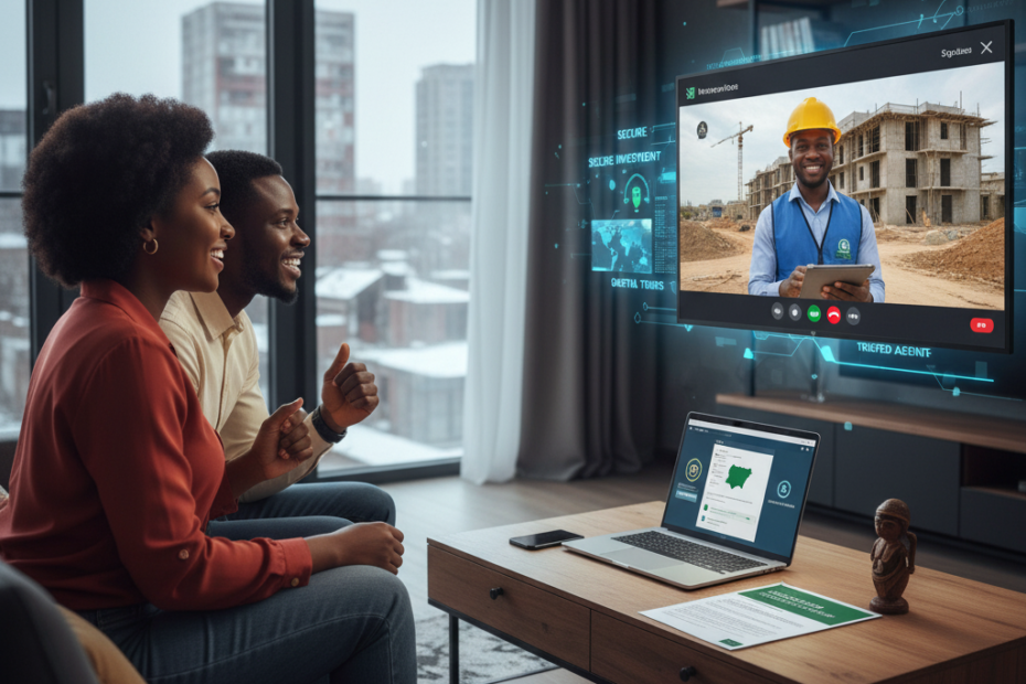 Nigerians in diaspora video-call a local real estate professional, viewing a construction site on screen to invest back home.