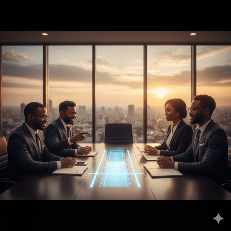 Four Nigerian business professionals are engaged in a discussion around a boardroom table, with a glowing central display. A city skyline at sunset is visible through the large window in the background.