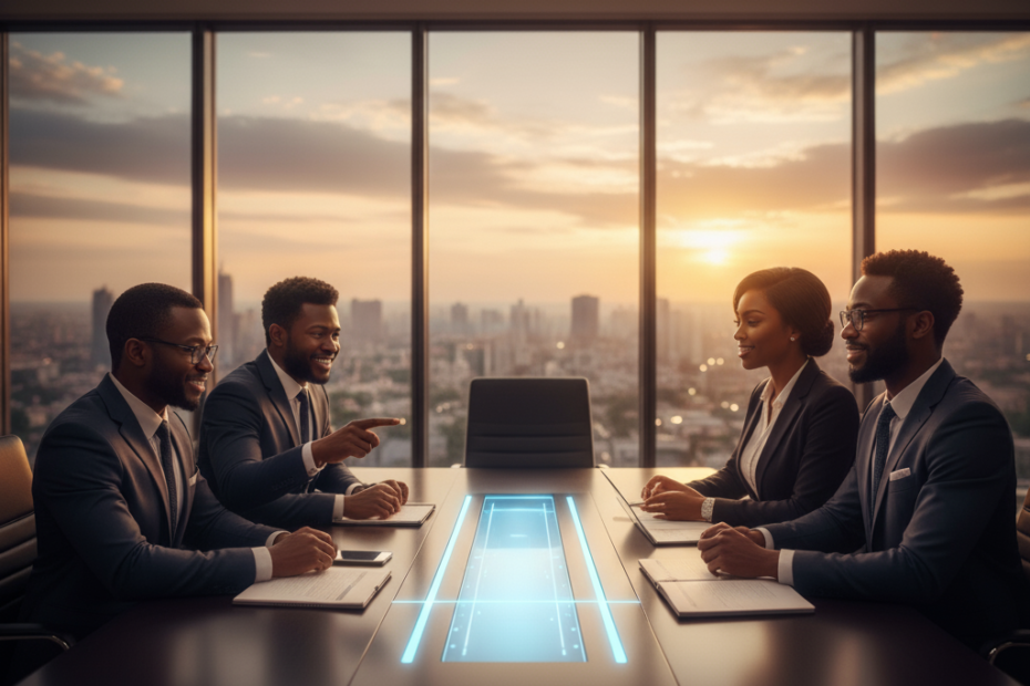 Four Nigerian business professionals are engaged in a discussion around a boardroom table, with a glowing central display. A city skyline at sunset is visible through the large window in the background.