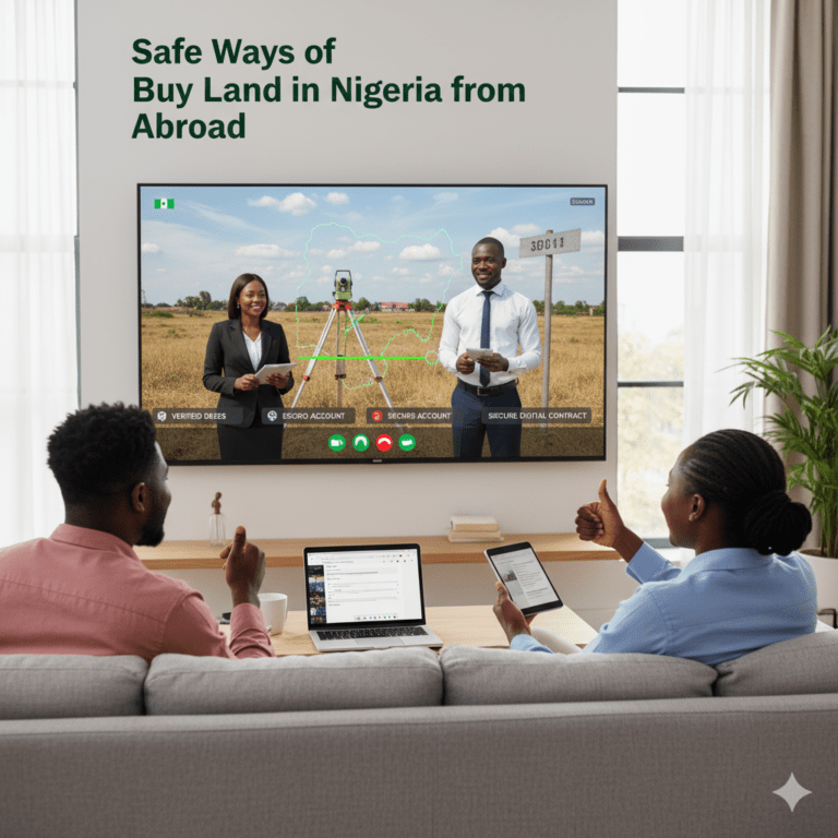 A Nigerian couple watches a video call on a large screen, featuring two real estate agents standing in a vast plot of land in Nigeria. The screen also displays secure methods like 'VERIFIED DEEDS,' 'ESCROW ACCOUNT,' and 'SECURE DIGITAL CONTRACT,' illustrating safe ways to buy land in Nigeria from abroad.
