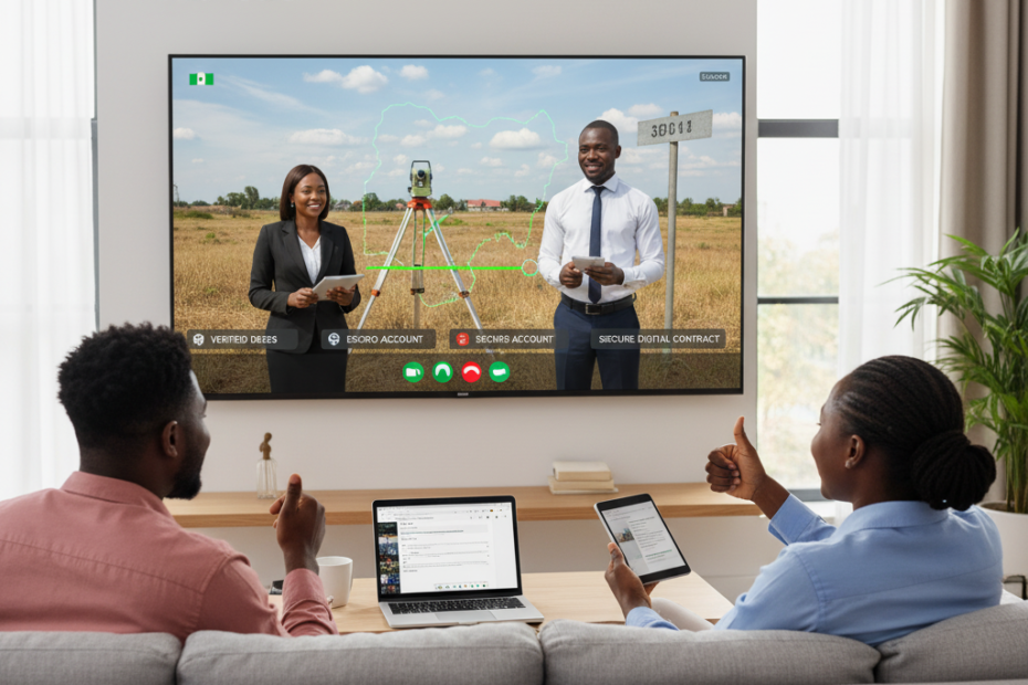 A Nigerian couple watches a video call on a large screen, featuring two real estate agents standing in a vast plot of land in Nigeria. The screen also displays secure methods like 'VERIFIED DEEDS,' 'ESCROW ACCOUNT,' and 'SECURE DIGITAL CONTRACT,' illustrating safe ways to buy land in Nigeria from abroad.