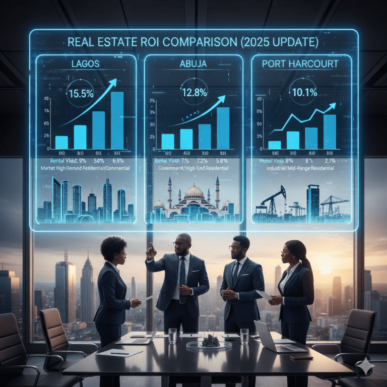 Alt text: Four Nigerian real estate professionals analyze a holographic display showing a **"REAL ESTATE ROI COMPARISON (2025 UPDATE)"** for **Lagos, Abuja, and Port Harcourt**, featuring bar charts, percentages (e.g., 15.5% for Lagos), and key investment insights against a vibrant city skyline backdrop.