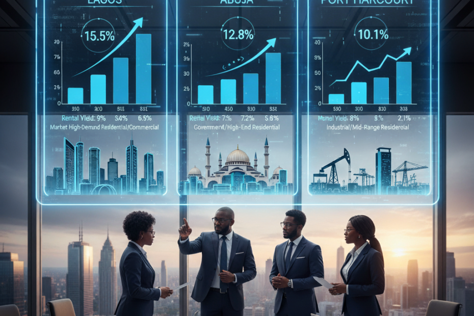Alt text: Four Nigerian real estate professionals analyze a holographic display showing a **"REAL ESTATE ROI COMPARISON (2025 UPDATE)"** for **Lagos, Abuja, and Port Harcourt**, featuring bar charts, percentages (e.g., 15.5% for Lagos), and key investment insights against a vibrant city skyline backdrop.